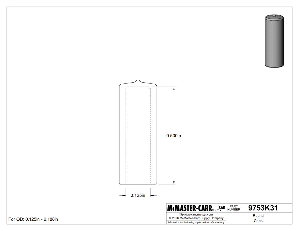 Technical Drawing of Round Caps, for 1/8" to 3/16" OD, 1/2" Inside Height, Black.